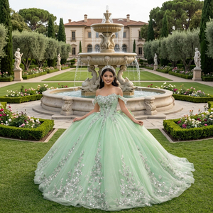 6946 Precioso Vestido de Quinceañera Verde con Escote Corazón, Lazo Grande, Cuentas y Apliques de Cristal, Cintura Natural, Silueta de Vestido de Gala - Product Image 1