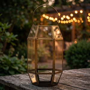 hexagonal metal and glass candle <b>brass</b> finish <b>lantern</b> - Product Image 2