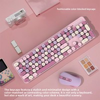 Ensemble clavier et souris sans fil USB rétro haut de gamme, touches rondes silencieuses, ultra-minces et ergonomiques, pour femmes, filles et enfants