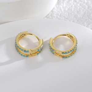 Pendientes Redondos de Doble Círculo en Turquesa Azul, Pendientes de Latón Chapados en Oro de Doble Capa, Estilo Francés, Pendientes Delgados - Product Image 1