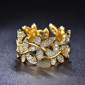 Anillo de cóctel para mujer Q846, tono dorado, circonita cúbica marquesa con engaste pavé, diseño de plantas, anillos de moda para boda - Product Image 1