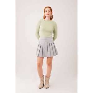 เสื้อสเวตเตอร์คอกลมสีเขียวฟูฟ่องสำหรับผู้หญิง แขนยาว ป้องกันขนร่วง 12 กรัม สีเขียวพิสตาชิโอ สไตล์ลำลอง - Product Image 5