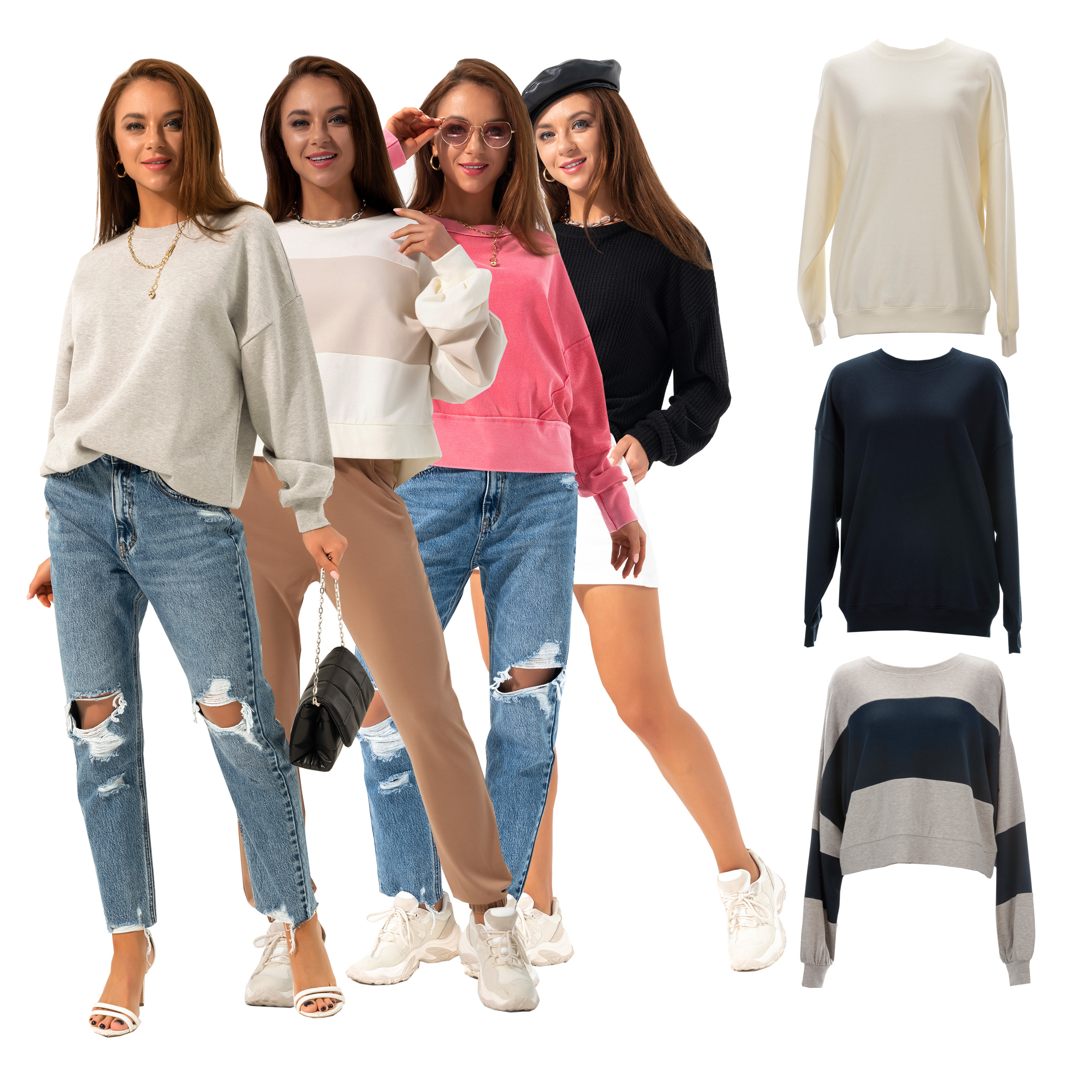 Ladies Knit Long Sleeve Polyester Oversizes Soft Custom Womens Crewneck Sweatshirt