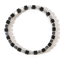 Bracelet Carré Naturel en Onyx Noir et Hématite pour Hommes Femmes – Bracelet Perles Élastique Unisexe