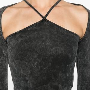 เสื้อยืดแขนยาวผู้หญิงทรงเข้ารูป ยืดหยุ่น คอ halter สีดำฟอกยีนส์ สไตล์ OEM สำหรับสาวๆ รุ่นใหม่ล่าสุด - Product Image 6