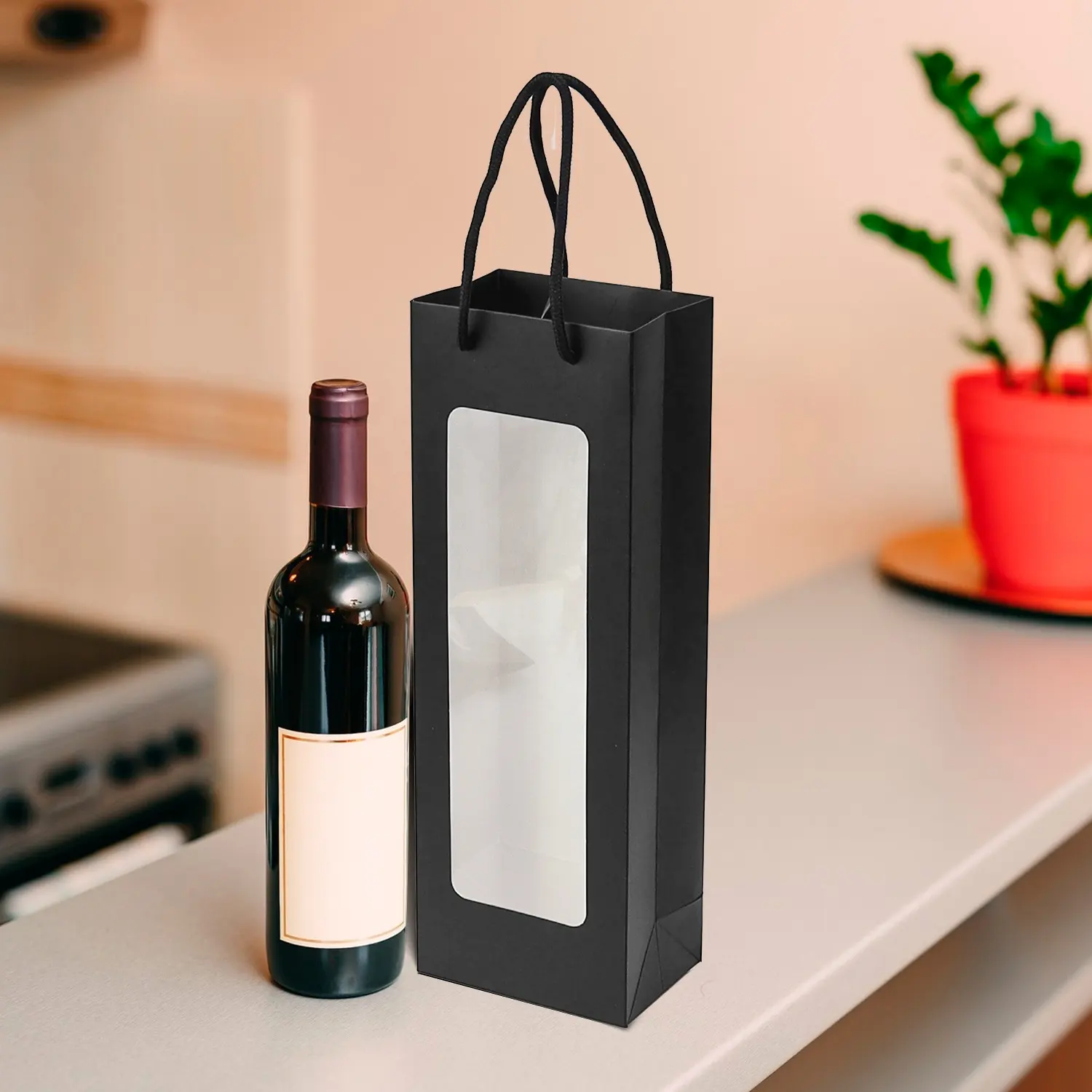 도매 사용자 정의 로고 선물 단일 와인 병 선물 가방 사용자 정의 저렴한 와인 선물 가방 블랙 핸들 와인 가방