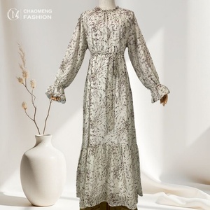 6434# Fashion Floral Flare Chiffon Abaya Dress Long Sleeve Elegant Women's A-line Dresses With Full Lining - Product Image 5