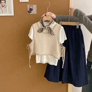 Ensemble de vêtements <span class=keywords><strong>pour</strong></span> filles, 3 pièces, coupe ample, mélange de coton, gilet en tricot, t-shirt, jupe, tenue <span class=keywords><strong>pour</strong></span> les activités quotidiennes - Product Image 1