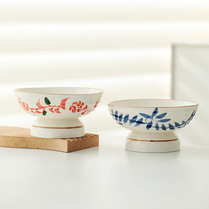 Bol sur piédestal en céramique à motifs floraux, peint à la main, pour servir des fruits, salades, usage domestique - Product Image 2