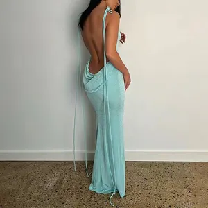 Gaun Maxi Backless wanita, gaun pesta malam Halter kualitas tinggi elegan untuk perempuan