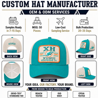 Casquette Trucker personnalisée 5 panneaux en maille bleu sarcelle et crème avec patch brodé dauphin pour l'été, la plage, les vacances, les stations balnéaires OEM ODM