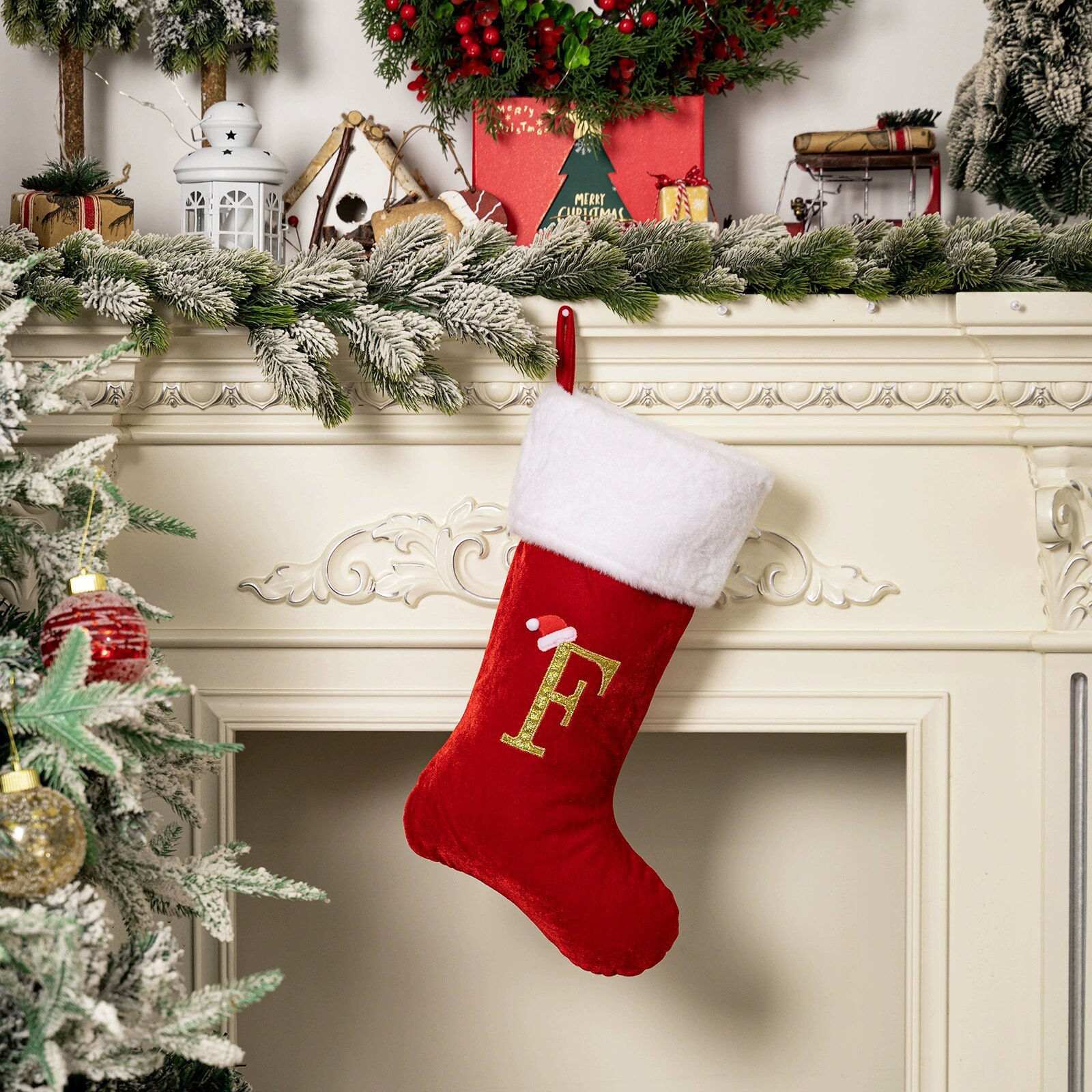 Gold velvet red christmas stocking letter F