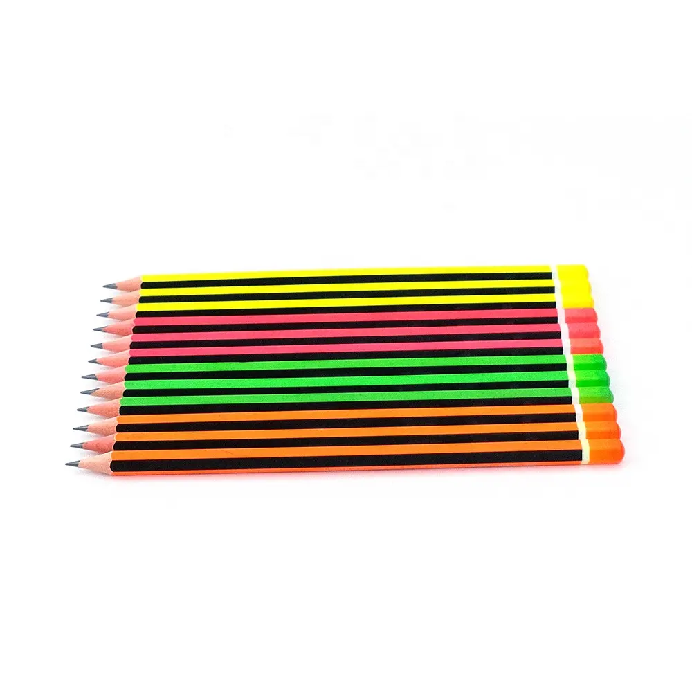 2019 China Factory High Quality Neon Color Red Basswood HB Standard Wooden Pencil with Strips Pencil with Dipped End