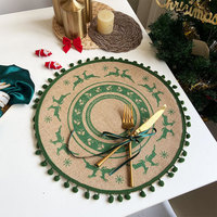 Ensemble de 5 sets de table ronds en jute tissé marron, style campagnard, imprimé Noël, fabriqués en Chine