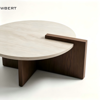 Table basse WBERT moderne Wabi Sabi en travertin naturel avec base en bois de chêne, table centrale ronde en marbre, meubles de salon