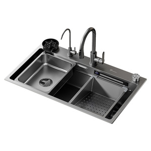 Évier de cuisine à un seul bol de luxe Offre Spéciale moderne fait à la main <span class=keywords><strong>Millet</strong></span> chute d'eau avec robinet extractible soulevant trois trous Nano Surface - Product Image 1