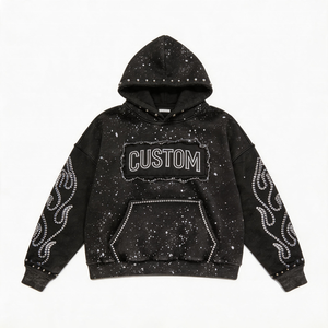 Sweat à capuche streetwear personnalisé en coton épais 400 g/m² avec appliqué en strass, logo brodé effet vieilli et patch, délavage acide pour <span class=keywords><strong>homme</strong></span> - Product Image 2