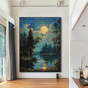 Pintura Abstracta de Paisaje Nocturno con Luna, Bosque y Lago, para Hogar y Galería - Product Image 4