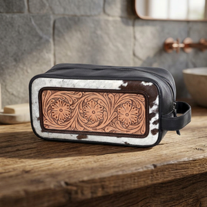 Western <b>Tooled</b> Leather Dopp <b>Kit</b> With Cowhide Panel And Floral Design Zip Closure Travel <b>Bag</b> - Product Image 2