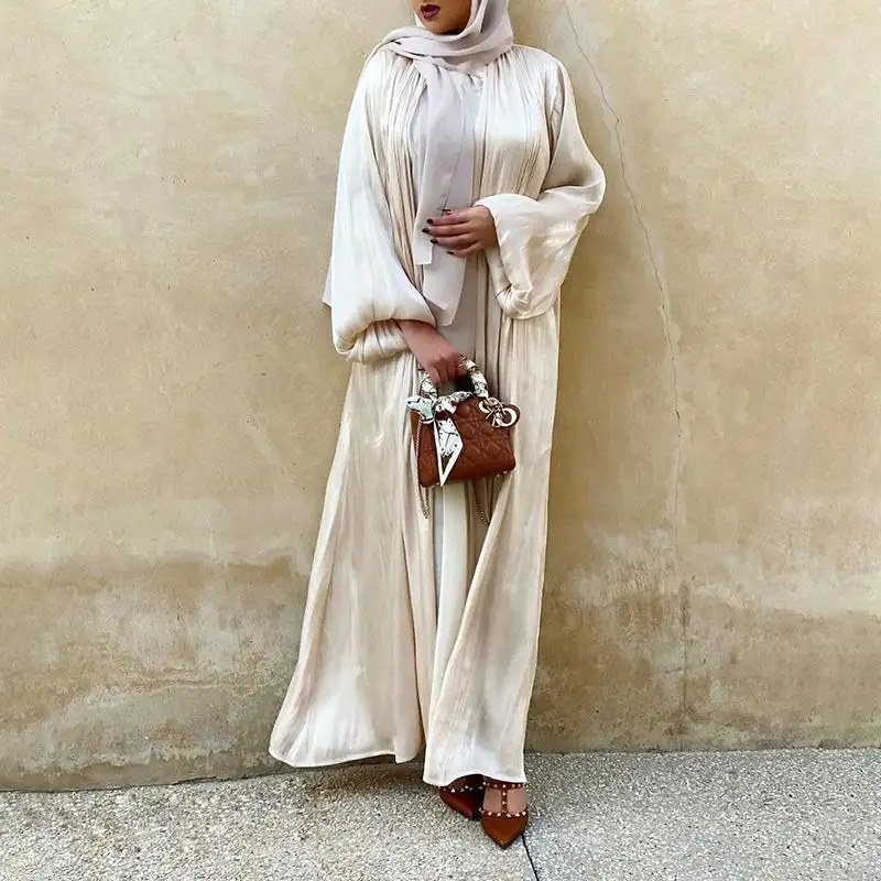 Oem Luxe Effen Zijde Dames Lange Mouwen Abaya Hoge Kwaliteit Nieuwe Stijl Islamitische Casual Jurk Eenvoudige Stijlen Bescheiden Dressing-Size L