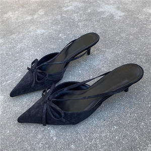 Stylish Pointy <b>Bow</b> Mules Women's Half Covered Low Heel <b>Shoes</b> Ladies Suede Kitten Heels Half-Drag Party Fashion Sexy Sandals - Product Image 2