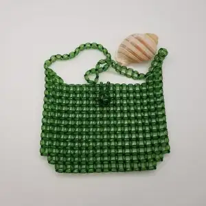 热卖翡翠透明绿色串珠袋女士手工手拿包