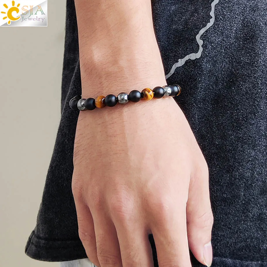 CSJA gelang kesehatan Hematite mata harimau hitam batu kristal alami magnetik energi kesehatan gelang batu permata penyembuhan untuk pria G825