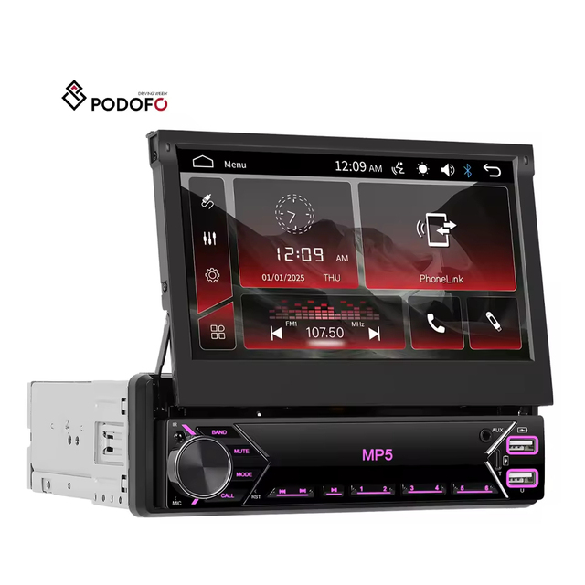 Podofo 1 Din Car MP5 Player 7" Retractable IPS Touch Screen USB/Type-C/BT/SWC Multimedia Autoradio Fast Delivery & Warranty