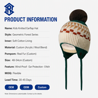 Bonnet d'hiver tricoté personnalisé pour enfants, motif géométrique forêt, avec broderie 3D, pompon en vraie fourrure et doublure en coton, idéal contre le froid