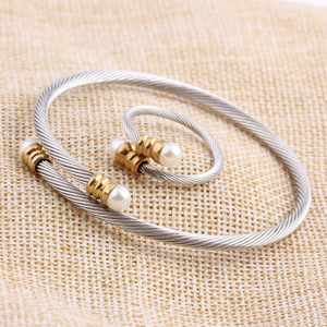 Stainless Steel Pearl Inlaid <b>Adjustable</b> Cable <b>Bracelet</b> Two Tone Fashion Jewelry Everyday Wear - Product Image 3