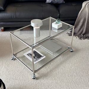 Modern Glass Coffee Table <b>Square</b> Stainless Steel Frame With Wheels Living Room Furniture - Product Image 5