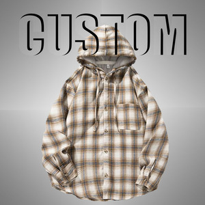 Hoodie Américain Rétro <span class=keywords><strong>en</strong></span> Flanelle à Carreaux Teint <span class=keywords><strong>en</strong></span> Fil, Coupe Ample, Oversize, Unisexe, Personnalisé, Effet Délavé, Grammage Lourd - Product Image 1