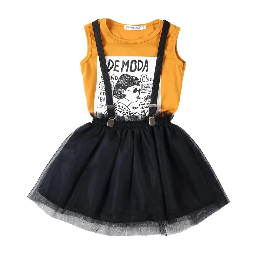 New style summer letter pattern T-shirt vest+Strap skirt girls' clothing sets popular cute girls clothes