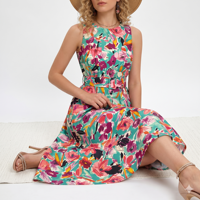 Robe midi pour femme, imprimé floral, coupe ajustée et évasée, sans manches, ceinturée, en satin, pour occasions, robe de soirée d'été pour femmes