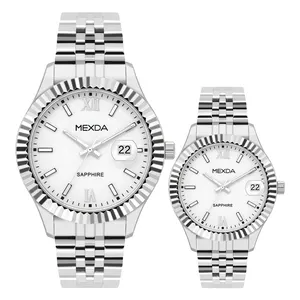 ساعة رجالي من Mexda Relojes بيضاء من الفولاذ بتصميم بسيط ومزودة بخطاف لتعليقه التاريخ وهي ساعة نسائية أنيقة من الكوارتز تناسب الأزواج