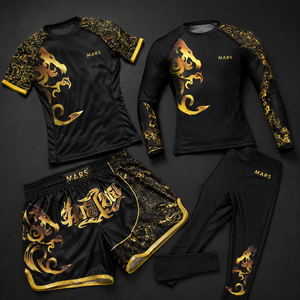 Conjunto de 4 Piezas Black Gold <span class=keywords><strong>Dragon</strong></span>: Shorts de Muay <span class=keywords><strong>Thai</strong></span>, Rashguard, Pantalones de Compresión, Logotipo Personalizado, OEM, ODM, MOQ Bajo, Directo de Fábrica - Product Image 3