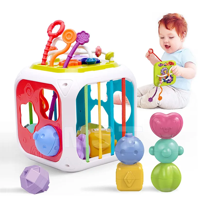 7 in 1 Preschool Montessori Educational Toddler Activity Cube Pull String Infant Toy Baby Shape Sorting Toy Sensory Sorting Bin