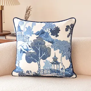 Wholesale Traditional Chinese Style Pagoda And Trees Printed Square Pillow Cover For Home Decor