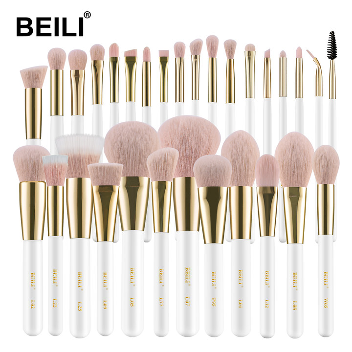 BEILI high quality 30Pcs White Gold Pink Vegan Synthetic hair Fashion Foundation Eyebrow Eyelash Makeup Brushes Set custom logo