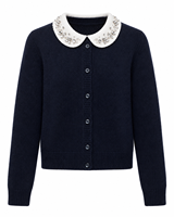Maßgeschneiderte Damen-Strickjacke mit Peter-Pan-Kragen, Strass- und Perlenverzierung, Knopfleiste vorne, Marineblau, Langarm, ODM-Service