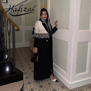 New Islamic Abaya Set Women Black <strong>White</strong> <strong>Lace</strong> Trim Blazer-Style Abaya with Hijab Islamic Formal Evening <strong>Dress</strong> - Product Image 1