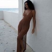 Hete Verkoop Nieuwe V-Hals Kaftan Bikini Cover Up Doorzichtige Rugloze Midi-Jurk Voor Dames Zomer Gehaakte Badmode Vakantiekleding