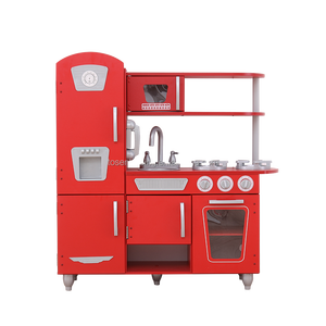 Cuisine en bois rouge classique vintage pour enfants avec machine à glaçons, téléphone, robinet, évier, brûleur et four - Product Image 1