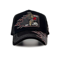 Casquette de baseball originale style Trucker Gothique Chicano avec motif Crâne de Coq, Patch en Cuir PU Gallo Fino et Broderie Flamme, Dos en Maille
