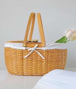 Panier de pique-nique en bois pour 4 personnes, best-seller, durable, en osier tressé, avec poignée en bambou, ensemble de paniers cadeaux - Product Image 5