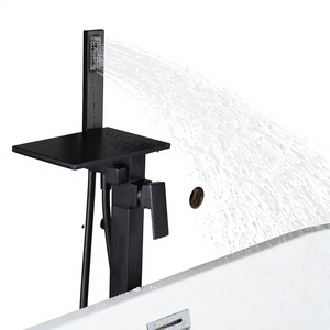 Grifo mezclador de latón para bañera de pie, monomando, con cascada y ducha de lluvia, certificado CUPC, cerámica negra, HD-0510 - Product Image 4