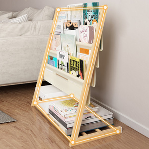 Étagère à magazines à cinq niveaux en bois grainé avec tissu blanc, type sur pied, simple, pour enfants, organisateur de rangement pour la lecture à domicile - Product Image 2