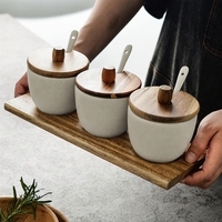 Ensemble de 3 pots à sucre avec couvercle en bois d'acacia et cuillère en céramique, pot à épices en grès, plateau en bois, pots à condiments pour bar à café
