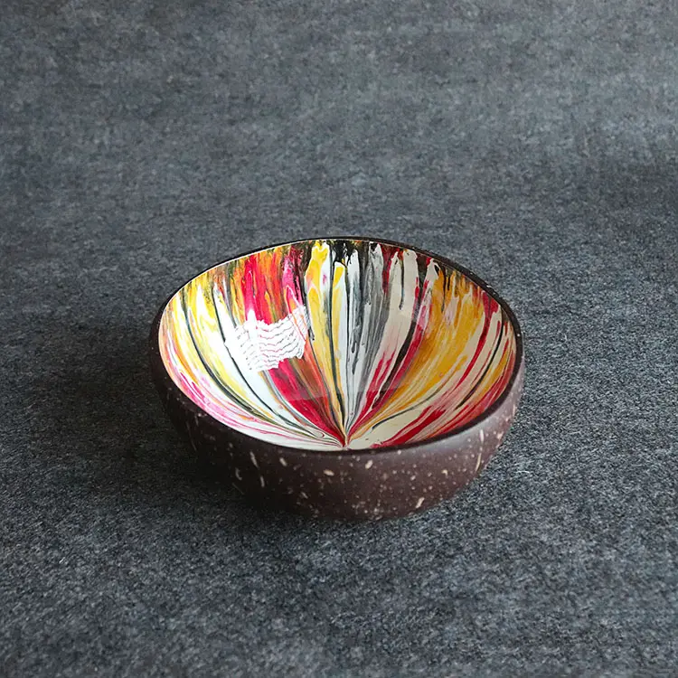 Wholesale handmade lacquer coco shell rainbow fireworks wooden salad bowl custom coconut bowl