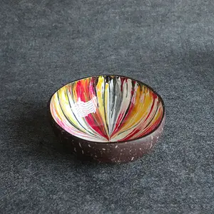 Wholesale Handmade Lacquer Coco Shell Rainbow Fireworks Wooden Salad Bowl Custom Coconut Bowl